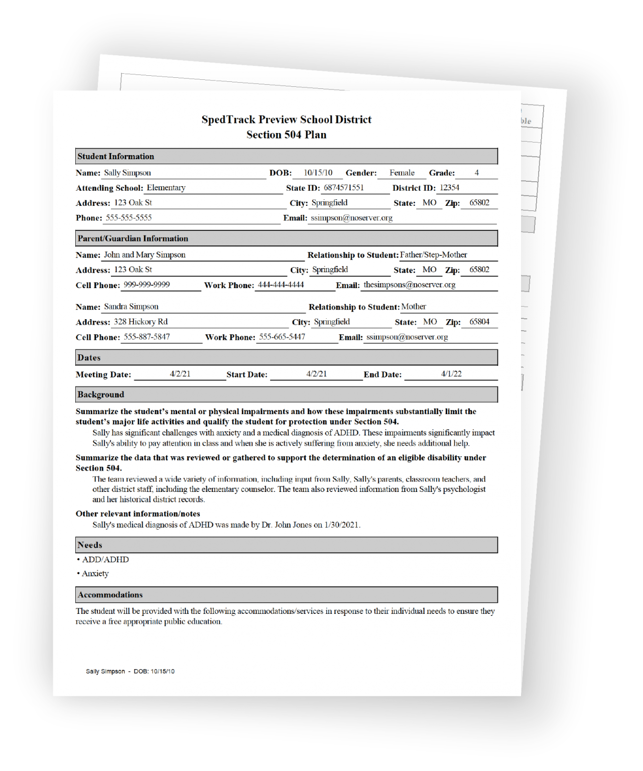 Section 504 Plan free Download SpedTrack