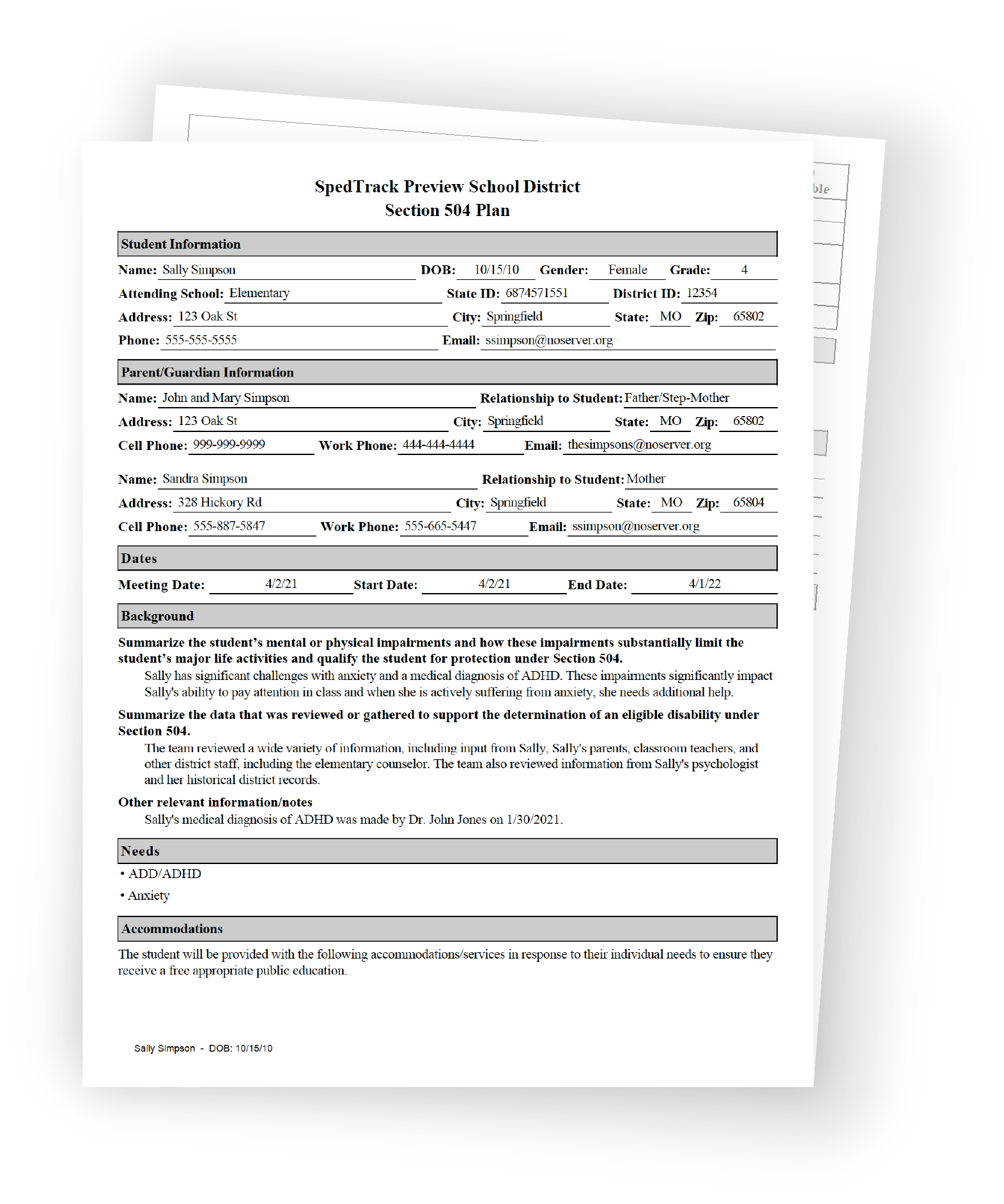 504 accommodation plan template