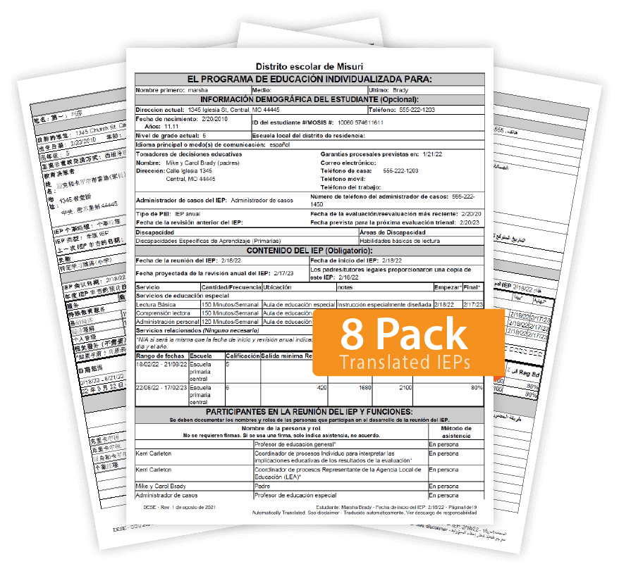 Sample Translated IEPs (8 Pack)