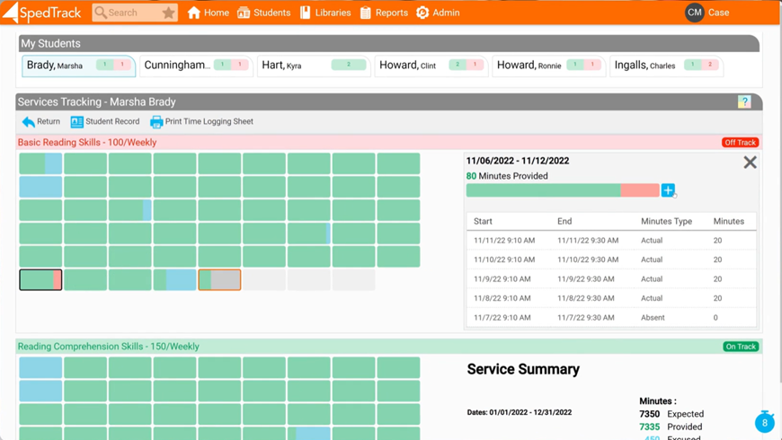 SpedTrack's Services Tracking Student Page